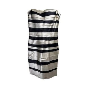 BCBG MAX AZRIA Strapless Black & White Cream Tiered Satin Mini Dress Y2k Size 10
